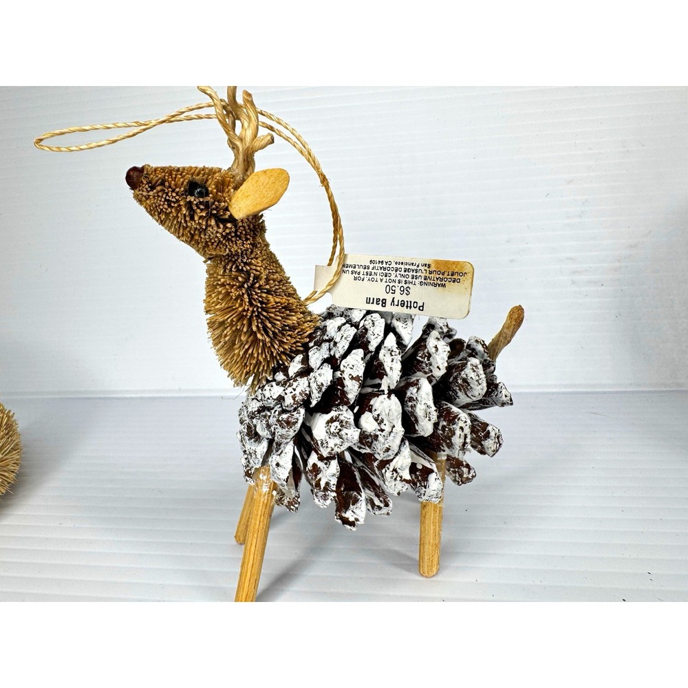 Pottery Barn NWT Pine Cone Wood Reindeer Hanging Ornament Brown White Christmas